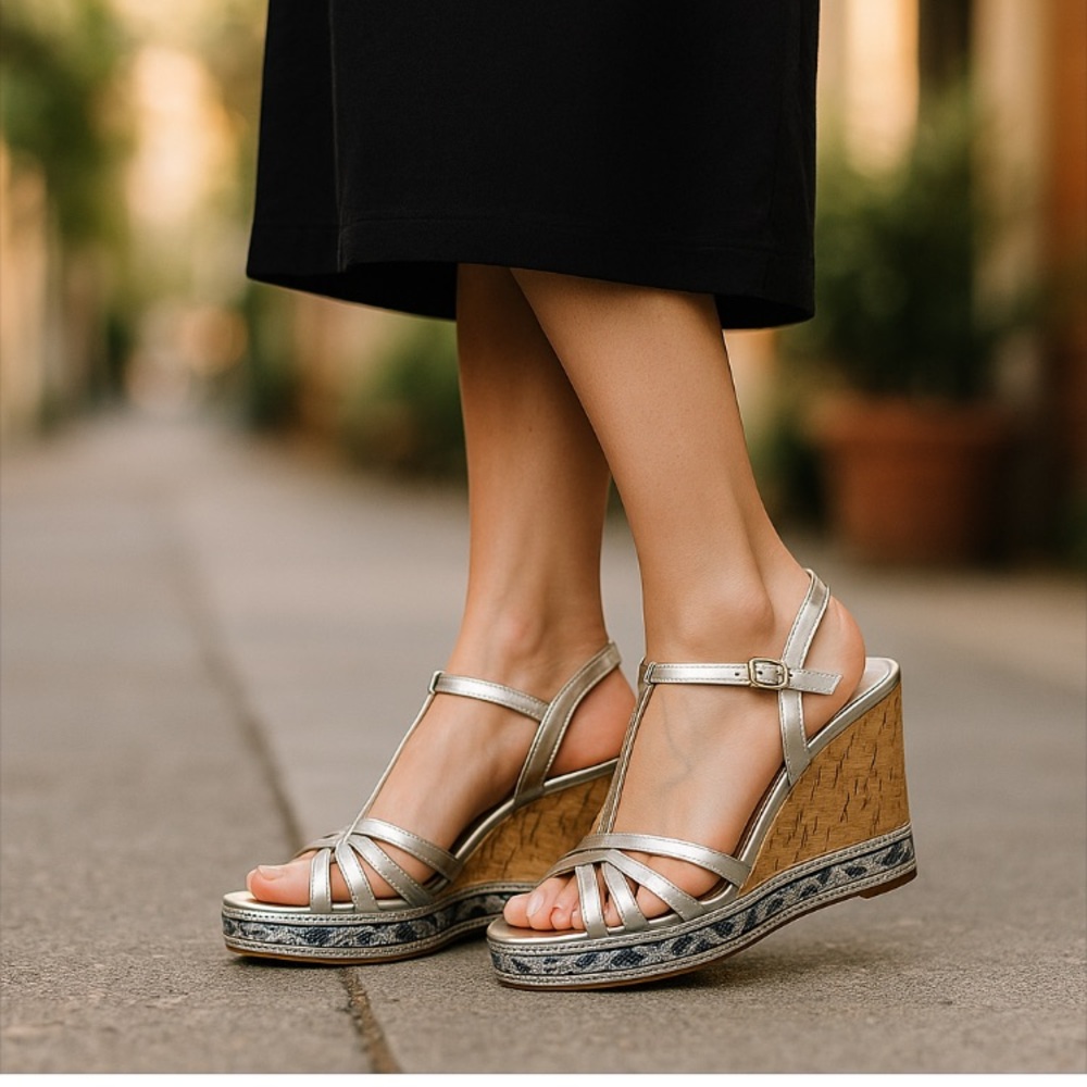 Vince Camuto Tasha Mirror Metallic Silver Leather T-Strap Cork Wedge Sandal Siz…